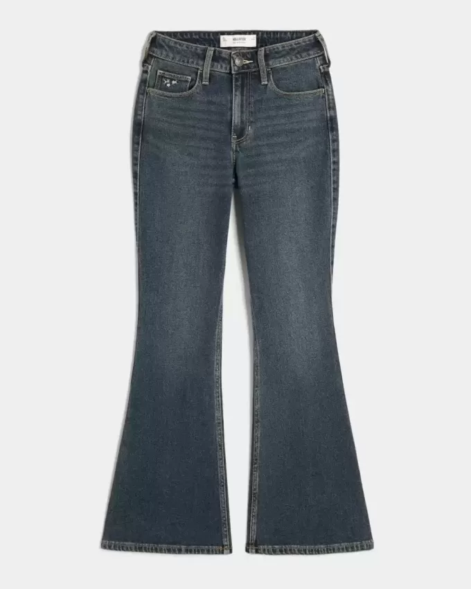 Jeans a zampa con ricamo floreale a lavaggio scuro a vita alta