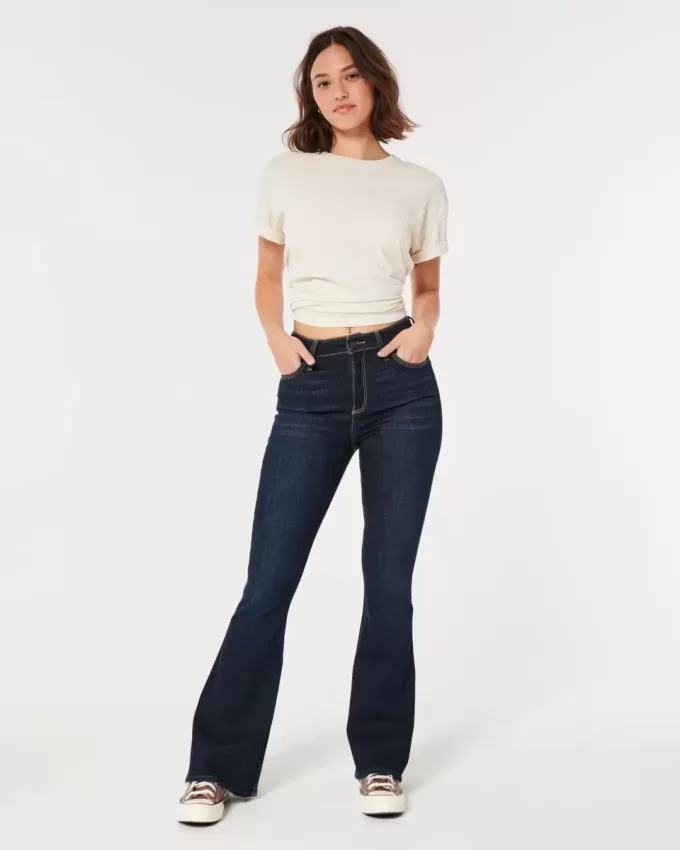 Jeans a zampa curvy a vita alta e lavaggio scuro