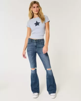 Jeans a zampa strappati a vita alta con lavaggio medio