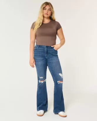 Jeans a zampa strappati a vita alta con lavaggio medio