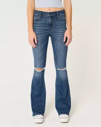 Jeans a zampa strappati a vita alta con lavaggio medio