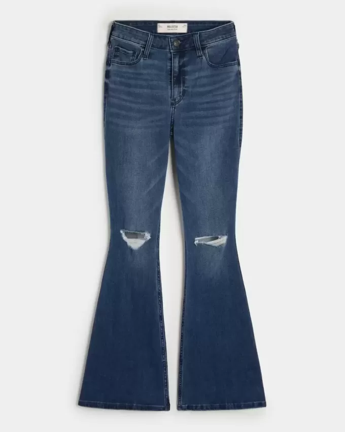 Jeans a zampa strappati a vita alta con lavaggio medio