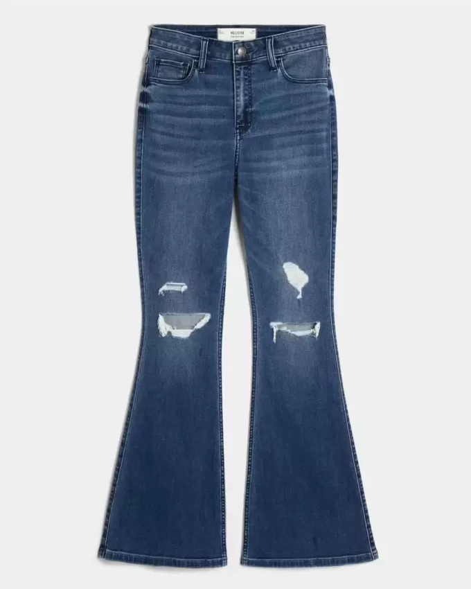 Jeans a zampa strappati a vita alta con lavaggio medio