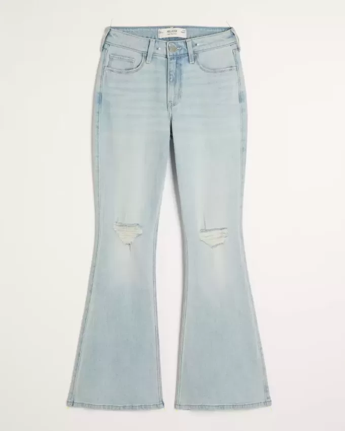 Jeans a zampa strappati a vita alta e lavaggio chiaro