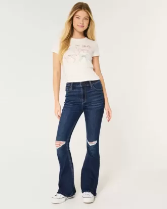 Jeans a zampa strappati a vita alta e lavaggio scuro