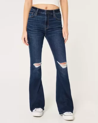 Jeans a zampa strappati a vita alta e lavaggio scuro