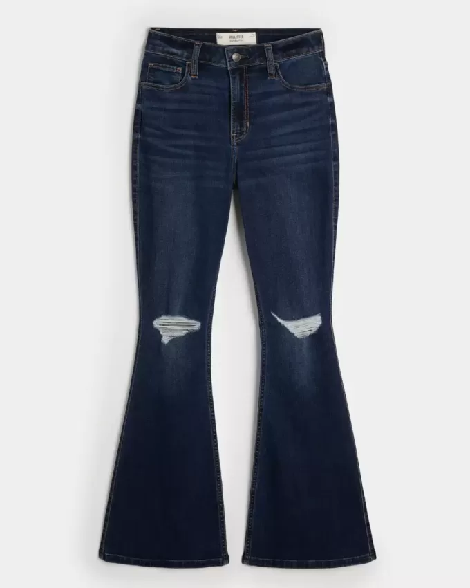 Jeans a zampa strappati a vita alta e lavaggio scuro