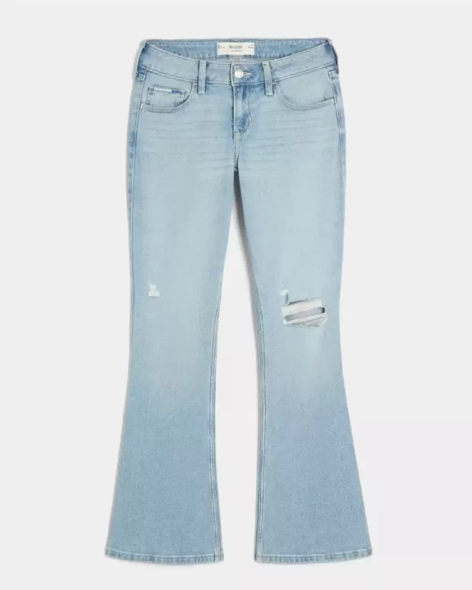 Jeans bootcut a vita bassa, strappati, lavaggio chiaro e ricamati