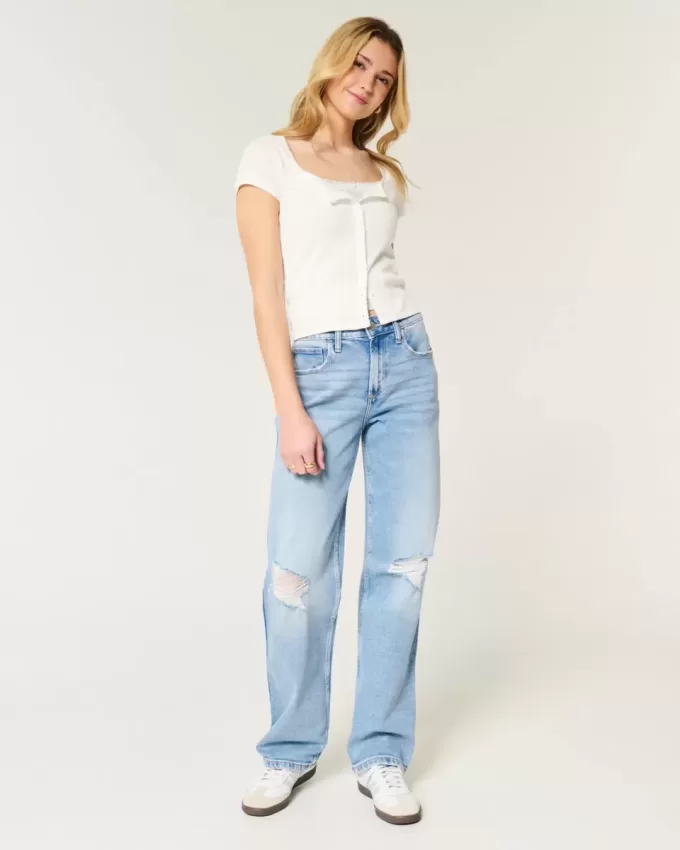 Jeans da papà a vita alta con strappi e lavaggio medio