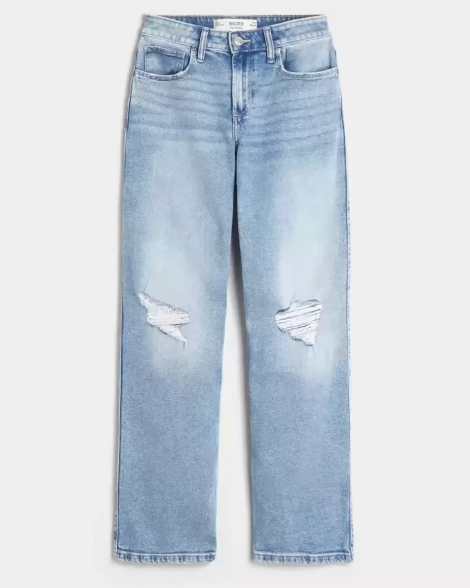 Jeans da papà a vita alta con strappi e lavaggio medio