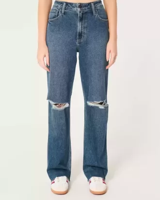 Jeans da papà strappati a vita altissima e lavaggio scuro