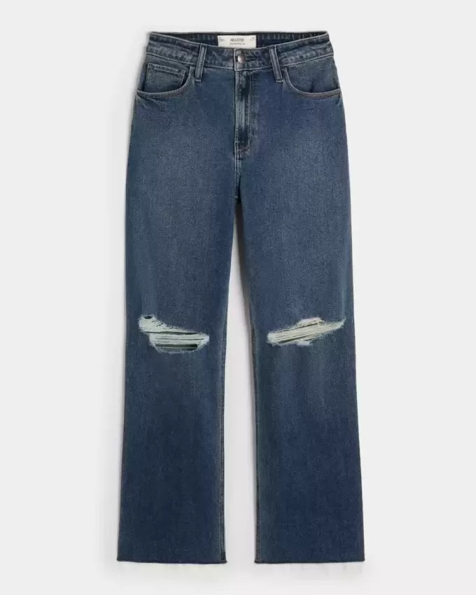 Jeans da papà strappati a vita altissima e lavaggio scuro