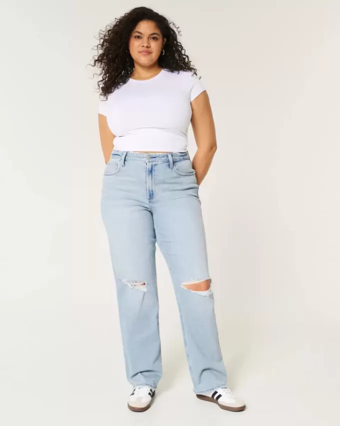 Jeans Dad Curvy a vita altissima e lavaggio chiaro con strappi