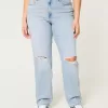 Jeans Dad Curvy a vita altissima e lavaggio chiaro con strappi