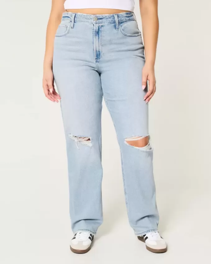 Jeans Dad Curvy a vita altissima e lavaggio chiaro con strappi