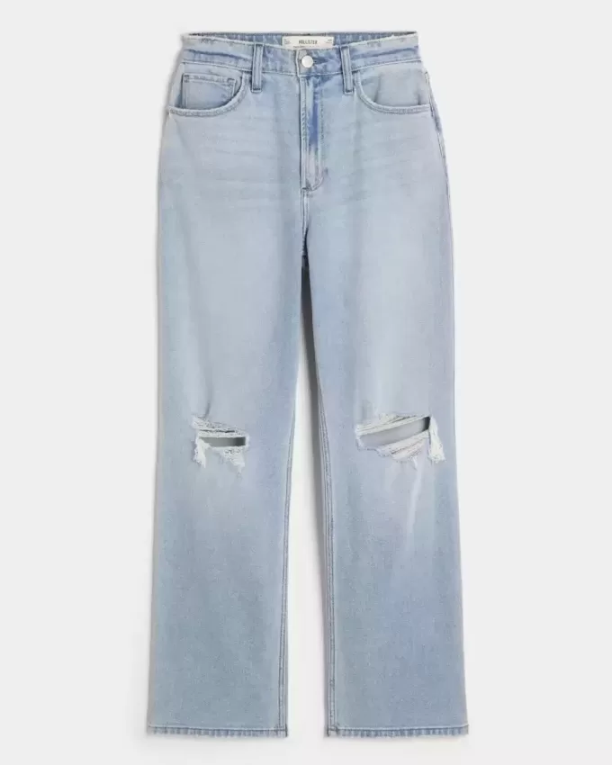 Jeans Dad Curvy a vita altissima e lavaggio chiaro con strappi