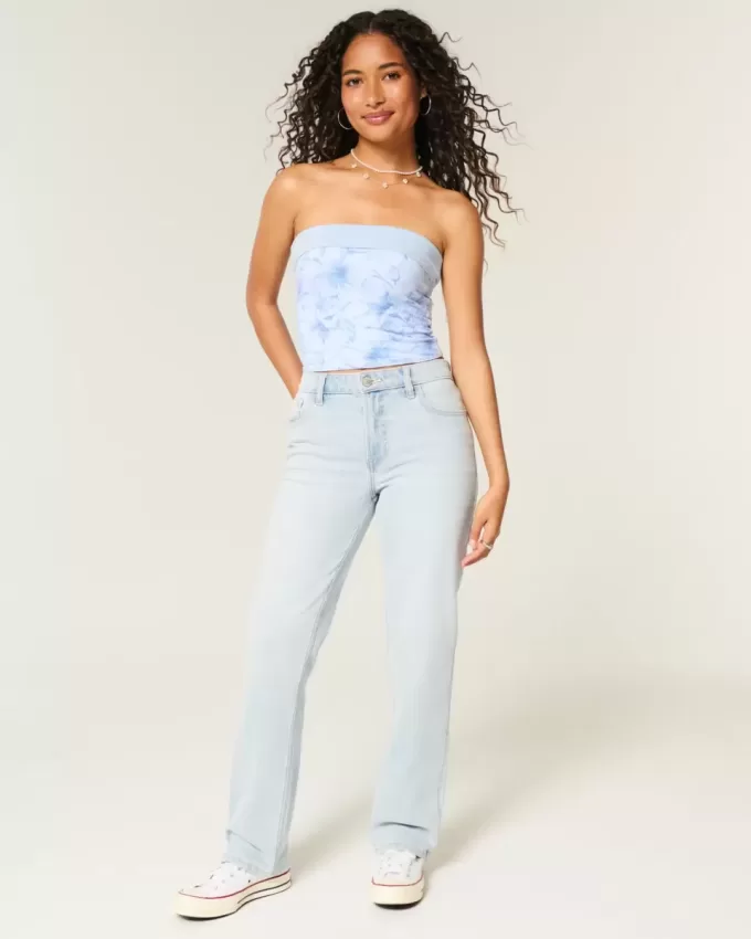 Jeans dritti a vita alta con lavaggio chiaro