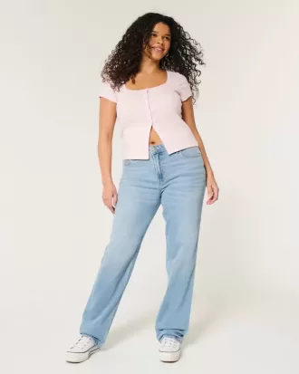 Jeans dritti a vita alta con lavaggio chiaro