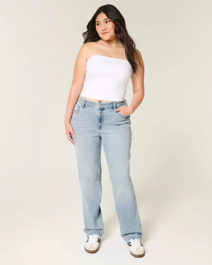 Jeans dritti a vita alta con lavaggio chiaro