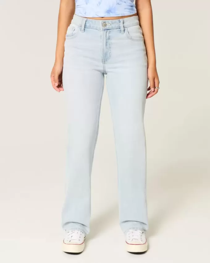 Jeans dritti a vita alta con lavaggio chiaro
