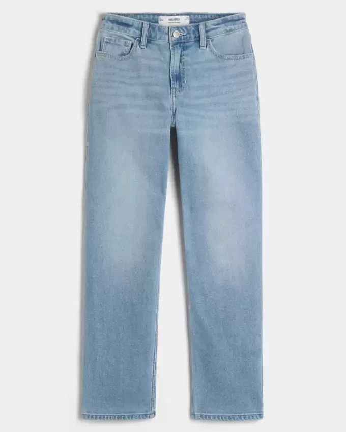 Jeans dritti a vita alta con lavaggio chiaro