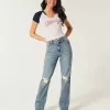 Jeans dritti a vita alta con lavaggio medio strappato