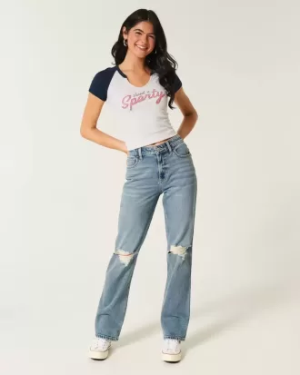 Jeans dritti a vita alta con lavaggio medio strappato