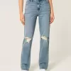 Jeans dritti a vita alta con lavaggio medio strappato