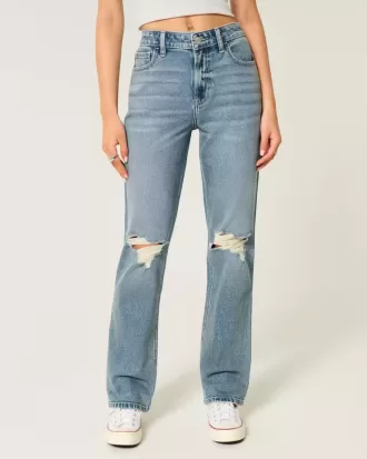Jeans dritti a vita alta con lavaggio medio strappato