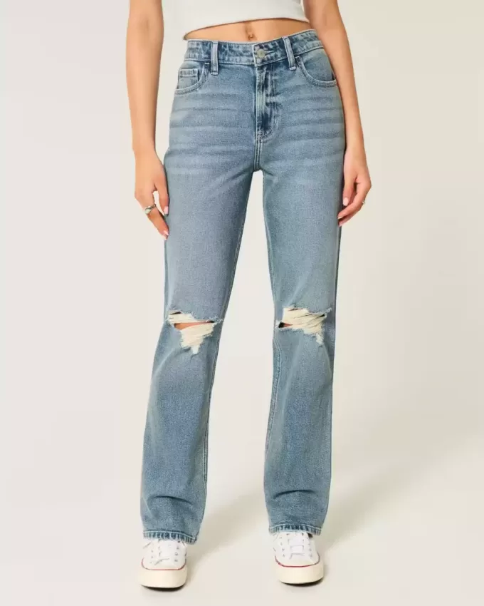 Jeans dritti a vita alta con lavaggio medio strappato