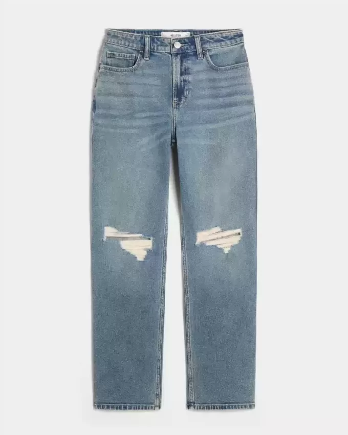 Jeans dritti a vita alta con lavaggio medio strappato