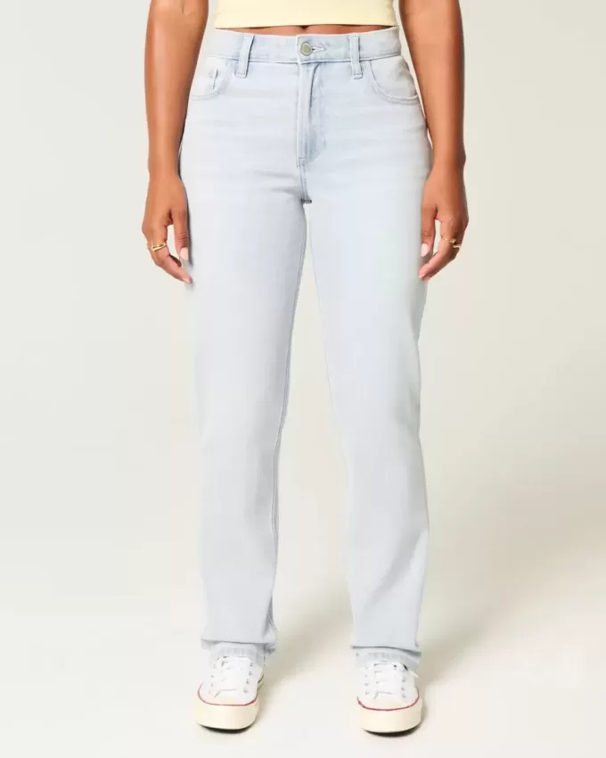 Jeans dritti a vita alta e lavaggio chiaro con effetto curvy