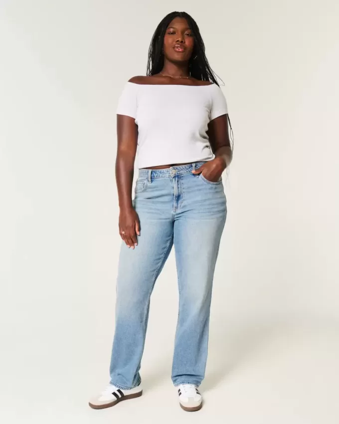 Jeans dritti a vita alta e lavaggio medio con effetto curvy
