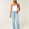 Jeans dritti a vita alta effetto used con lavaggio chiaro