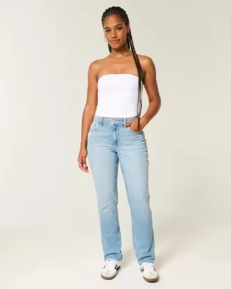 Jeans dritti a vita alta effetto used con lavaggio chiaro