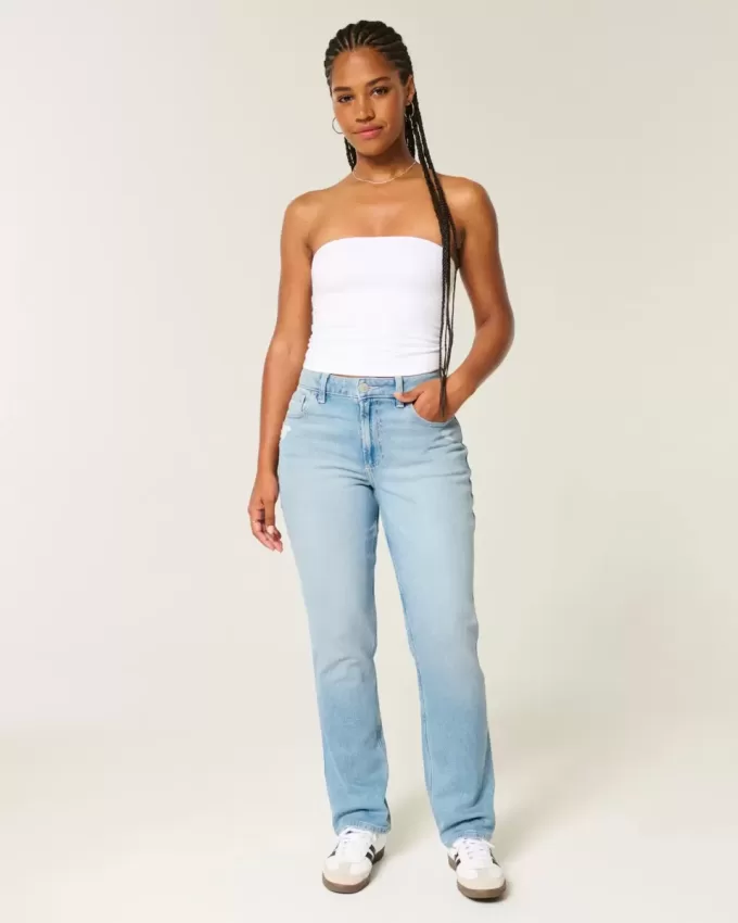 Jeans dritti a vita alta effetto used con lavaggio chiaro
