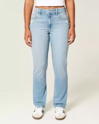 Jeans dritti a vita alta effetto used con lavaggio chiaro