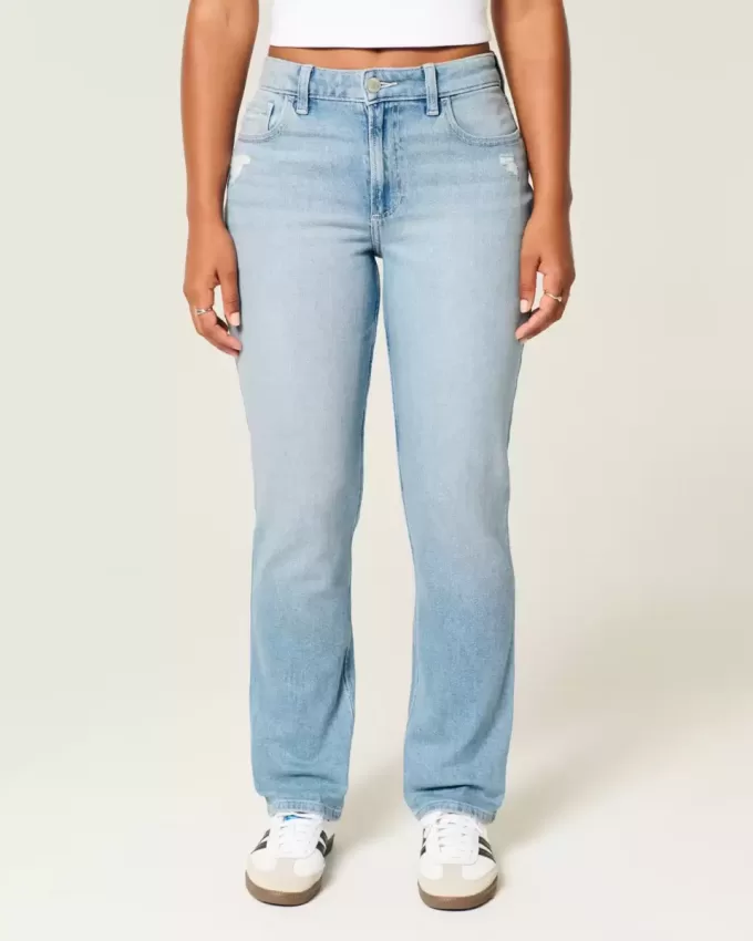 Jeans dritti a vita alta effetto used con lavaggio chiaro