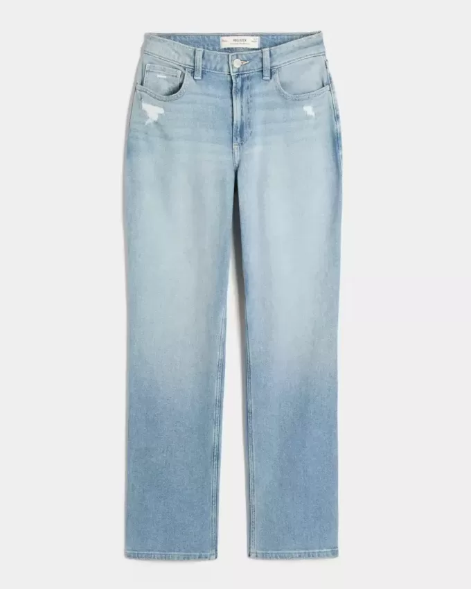 Jeans dritti a vita alta effetto used con lavaggio chiaro