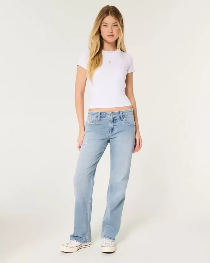 Jeans dritti e rilassati a vita bassa, lavaggio medio effetto consumato