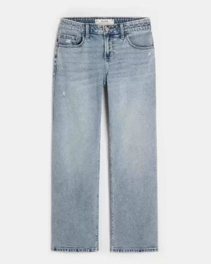 Jeans dritti e rilassati a vita bassa, lavaggio medio effetto consumato