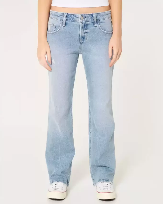 Jeans dritti e rilassati a vita bassa, lavaggio medio effetto consumato