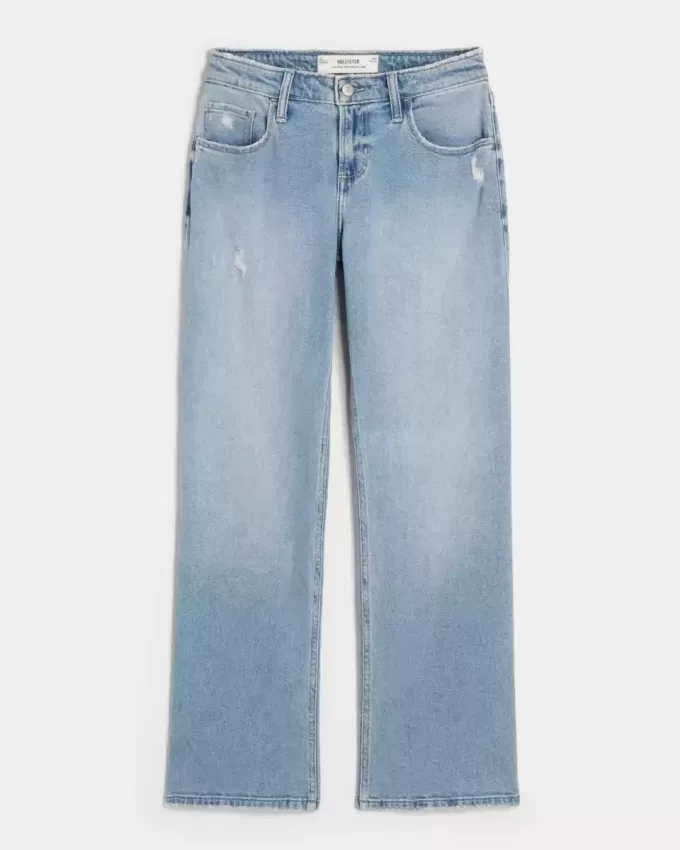 Jeans dritti e rilassati a vita bassa, lavaggio medio effetto consumato