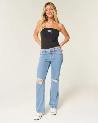 Jeans dritti e rilassati con lavaggio medio e strappi a vita bassa
