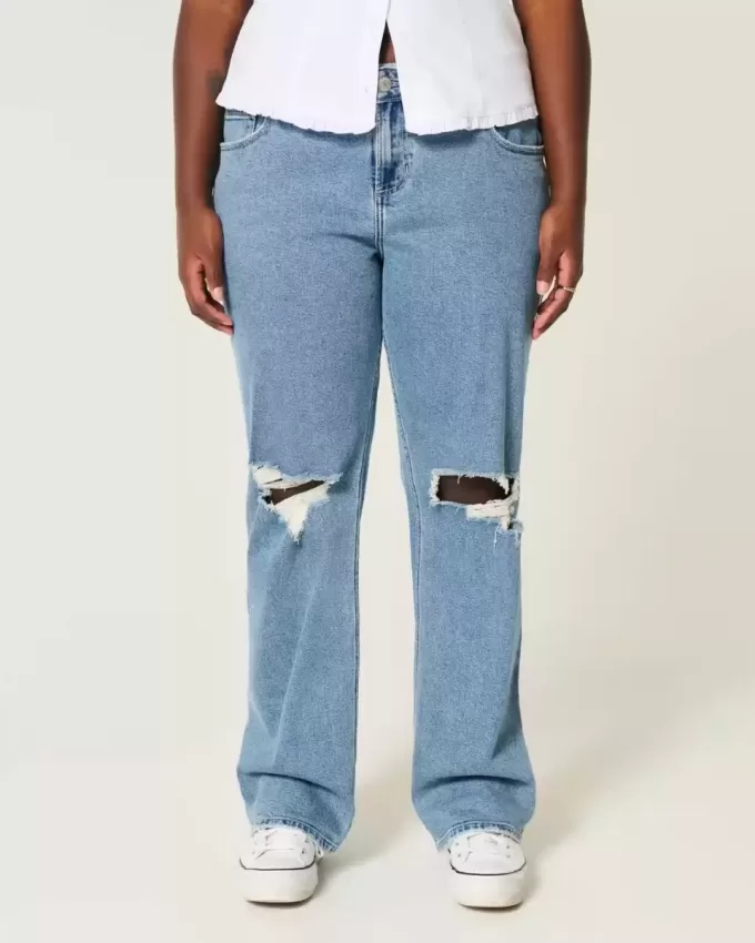 Jeans dritti e rilassati con lavaggio medio e vita bassa e strappi curvy