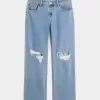 Jeans dritti e rilassati con lavaggio medio e vita bassa e strappi curvy