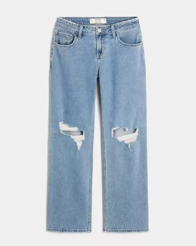 Jeans dritti e rilassati con lavaggio medio e vita bassa e strappi curvy