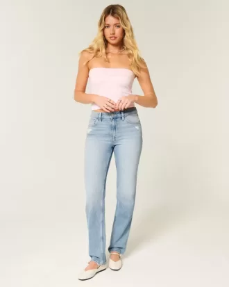 Jeans dritti lavaggio chiaro effetto consumato a vita alta