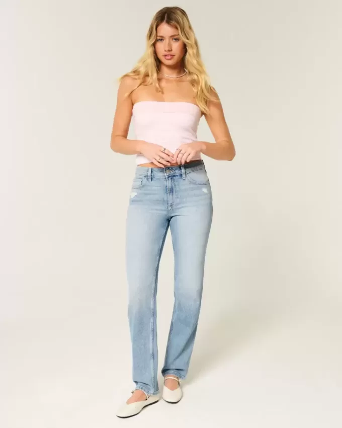 Jeans dritti lavaggio chiaro effetto consumato a vita alta