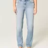 Jeans dritti lavaggio chiaro effetto consumato a vita alta
